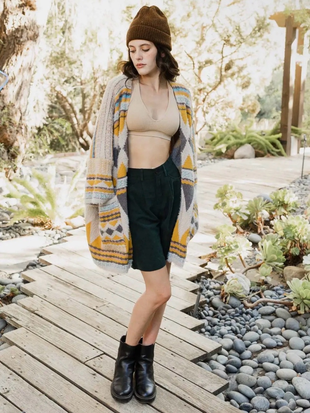 Cozy Geometric Mustard Aztec Open-Front Fuzzy Cardigan Sweater
